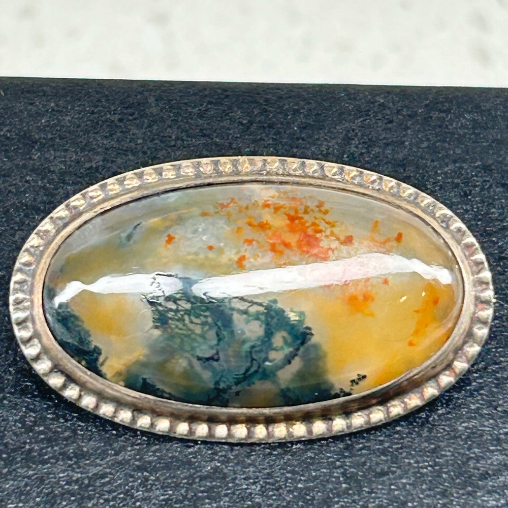 Oval Agate Stone Brooch with Silver Trim